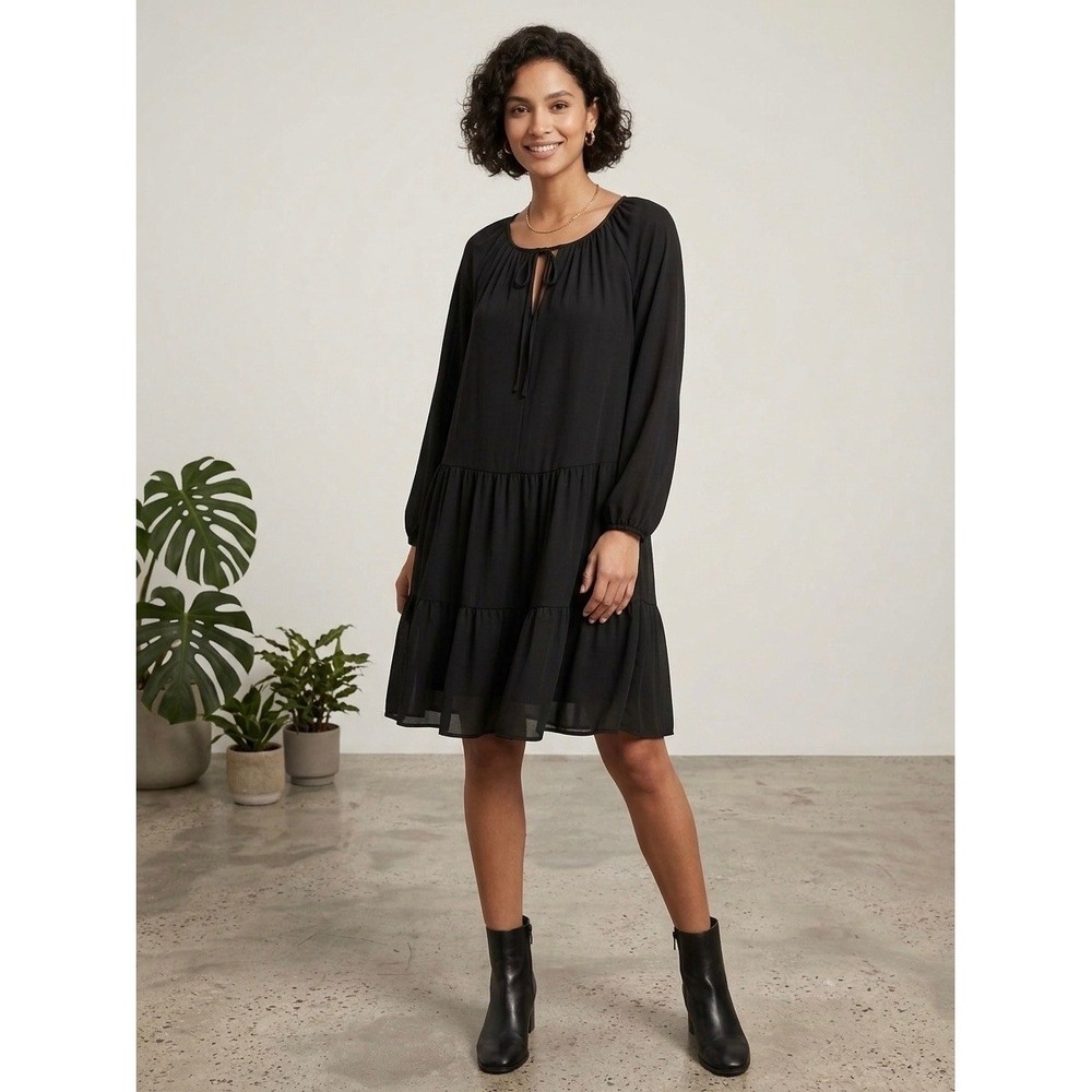 Banana Republic Black Tiered Mini Dress XL Long Sleeve Tie Neck Chiffon Flowy